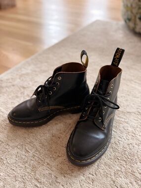 Dr. Martens Black Leather Lace-Up Ankle Boots with Yellow Stitching